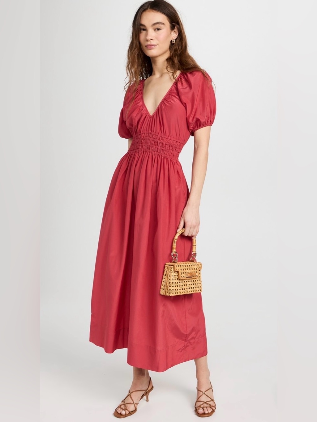 Nwt Faithfull Teatro Midi Dress Crimson Red Puff Sleeve Cotton Silk Us 6 $399